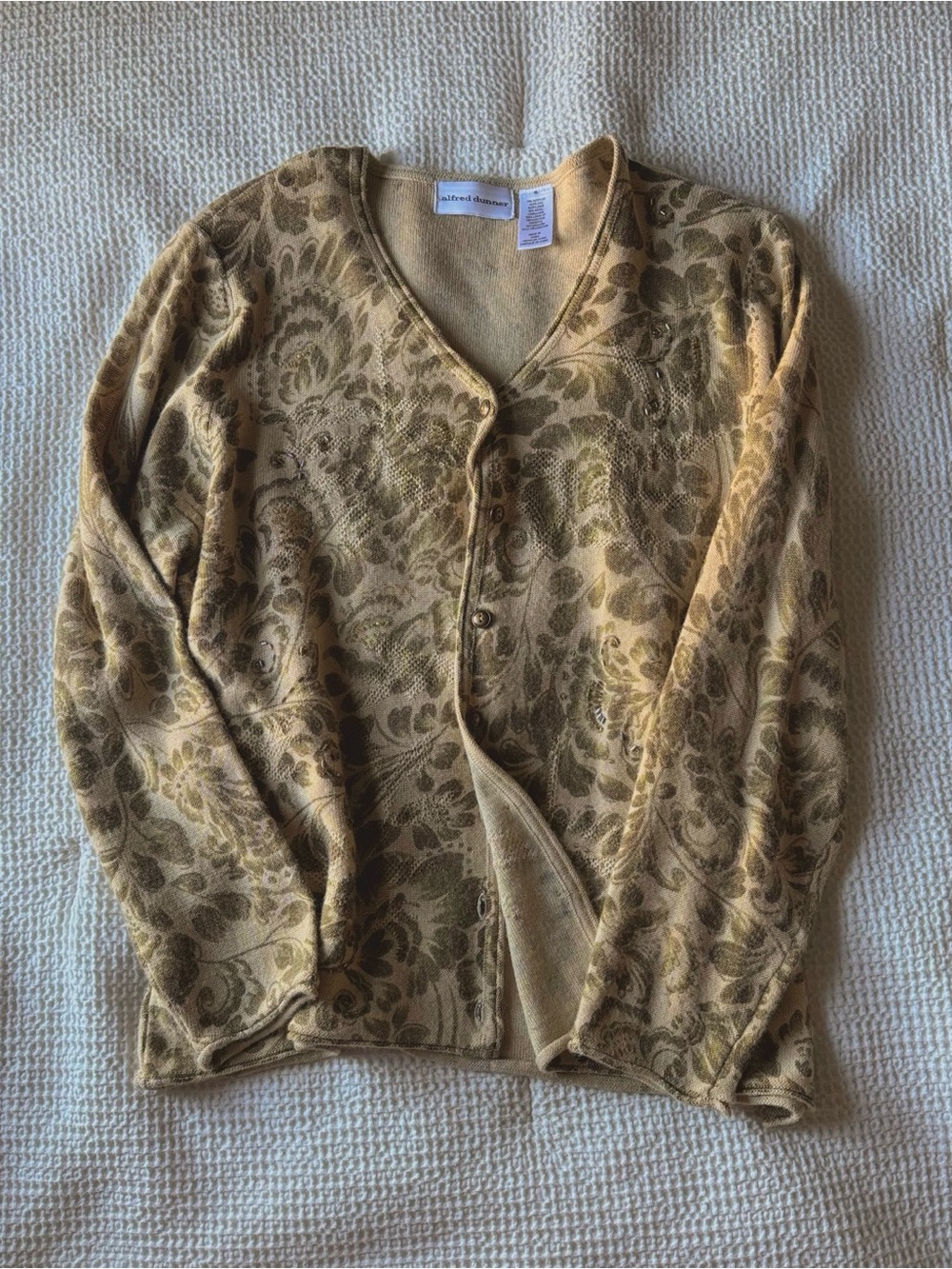 Alfred Dunner Olive and Tan Floral Button Cardigan with Beads